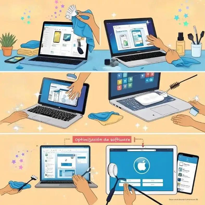 Guía visual sobre cómo resolver problemas comunes de conexión en tu negocio, destacando el uso de una laptop y elementos relacionados con redes y Wi-Fi.