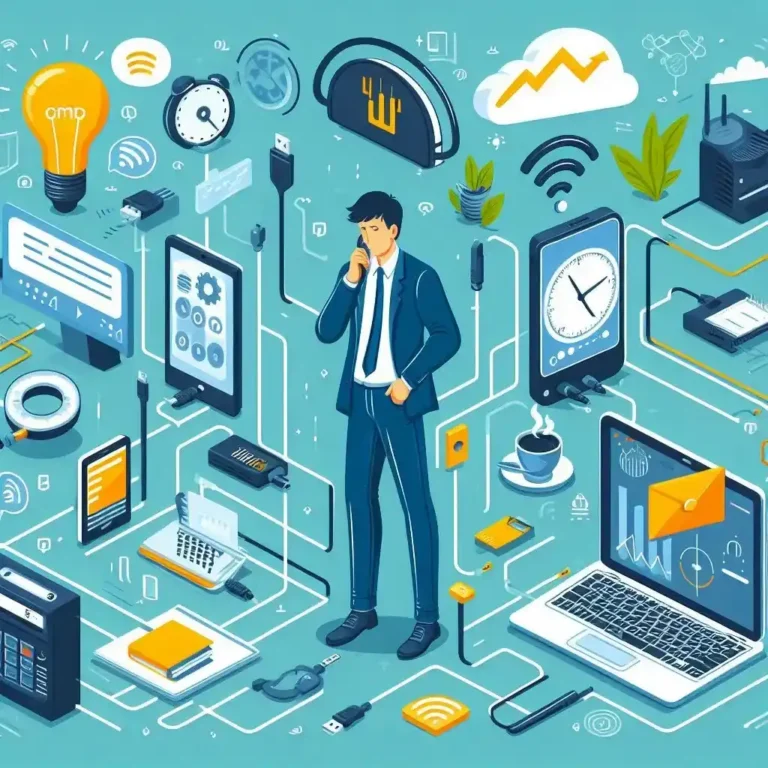 Ilustración de un empresario rodeado de dispositivos tecnológicos conectados, como laptops, móviles, routers y cables, representando soluciones a problemas de conexión en negocios y consejos para prolongar la vida útil de los equipos.
