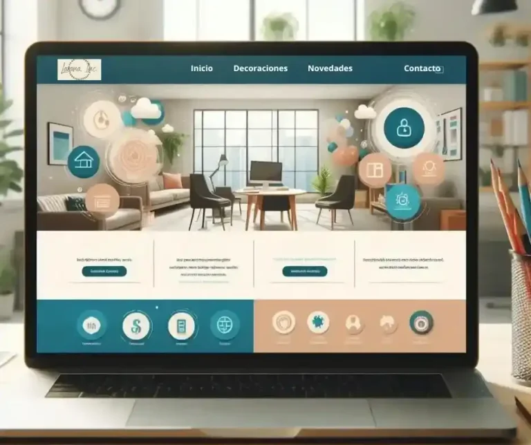 Sitio web profesional moderno en pantalla de laptop con diseño funcional, íconos interactivos y secciones de servicios.