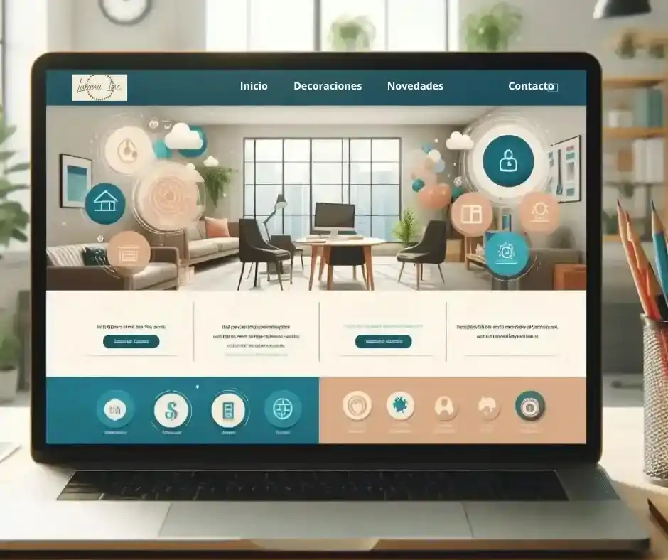 Sitio web profesional moderno en pantalla de laptop con diseño funcional, íconos interactivos y secciones de servicios.