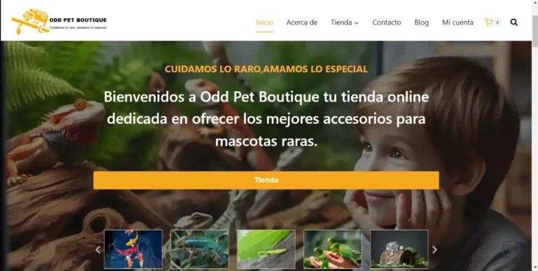 Portada de la tienda online Odd Pet Boutique con lema 'Cuidamos lo raro, amamos lo especial', mostrando accesorios para mascotas exóticas como reptiles y aves
