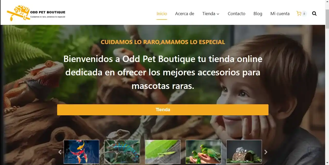Portada de la tienda online Odd Pet Boutique con lema 'Cuidamos lo raro, amamos lo especial', mostrando accesorios para mascotas exóticas como reptiles y aves